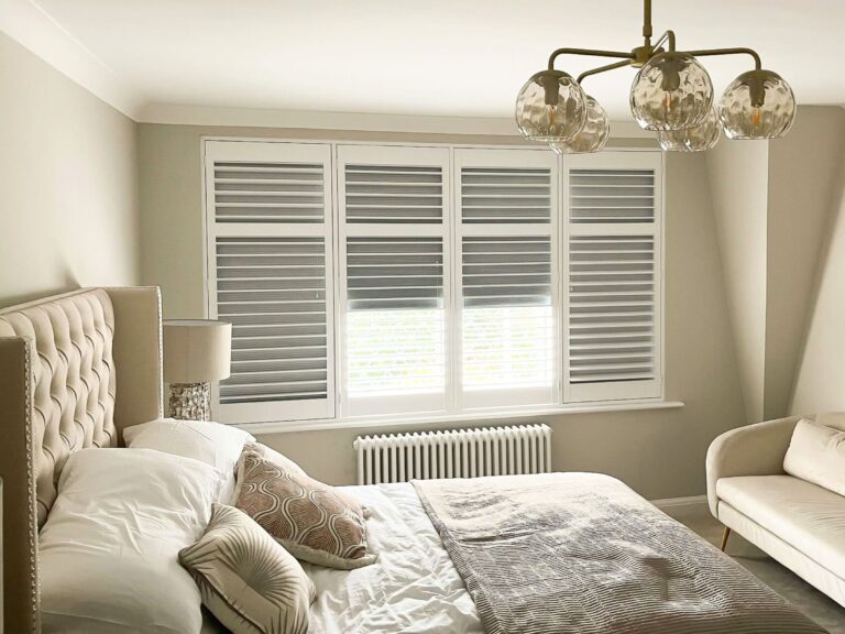 blackout window shutters in neutral bedroom